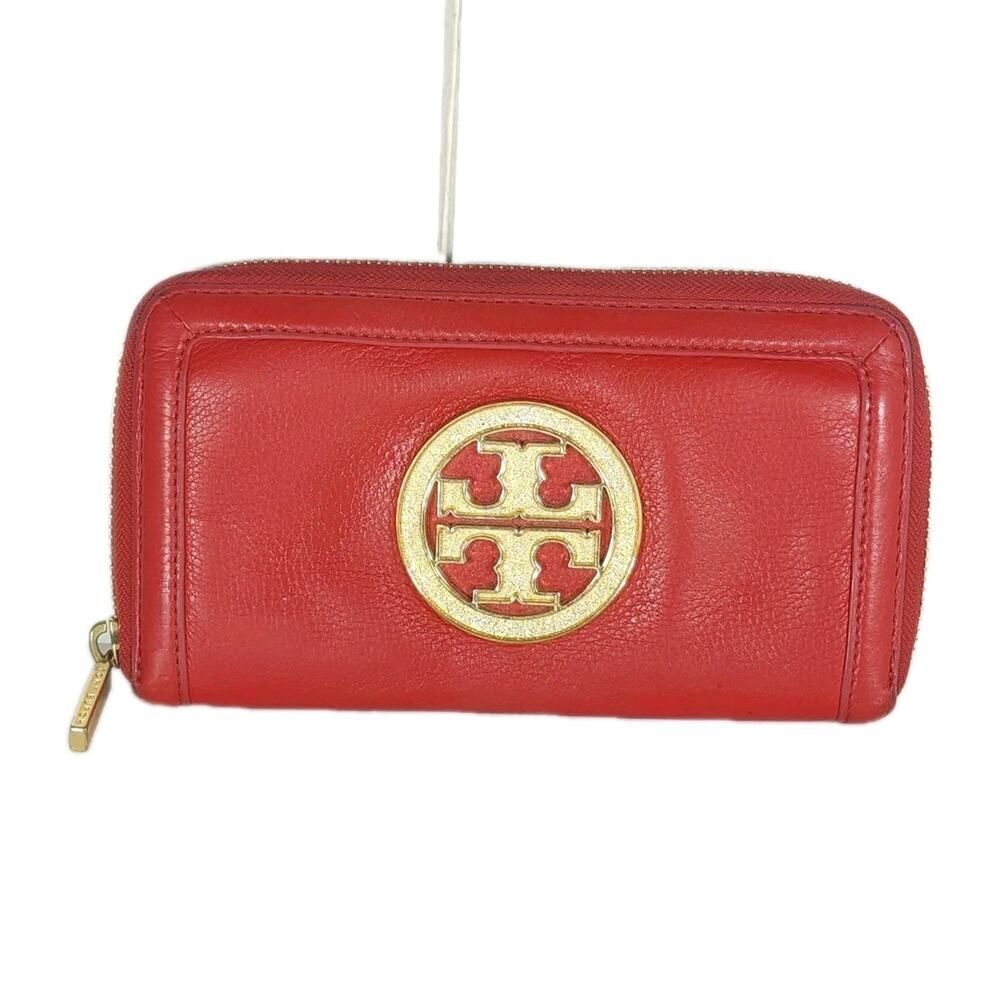 Tory Burch Amanda Red Pebbled Leather Gold Logo Zip Continental Wallet
